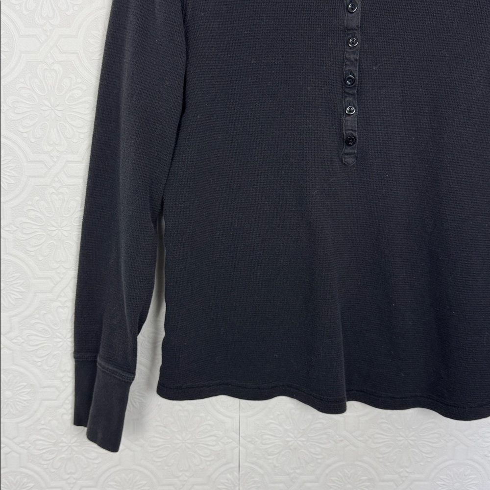 LL Bean Black Waffle Knit Henley Top Medium Long Sleeve Cotton Stretch Casual - Picture 3 of 7